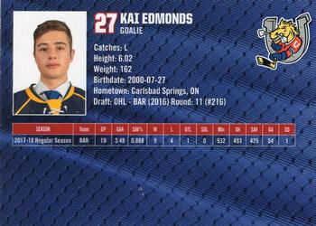 2018-19 Barrie Colts (OHL) #15 Kai Edmonds Back