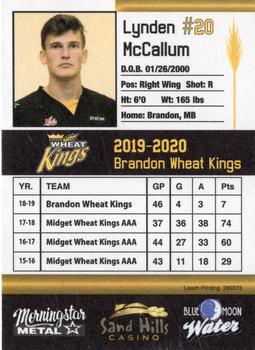 2019-20 Brandon Wheat Kings (WHL) #NNO Lynden McCallum Back
