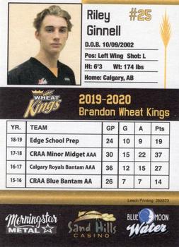 2019-20 Brandon Wheat Kings (WHL) #NNO Riley Ginnell Back