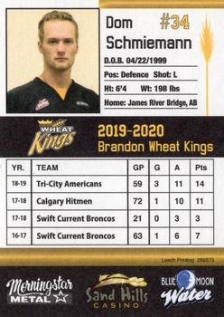 2019-20 Brandon Wheat Kings (WHL) #NNO Dom Schmiemann Back