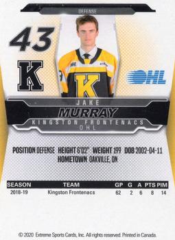 2019-20 Extreme Kingston Frontenacs (OHL) #NNO Jacob Murray Back