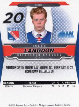 2019-20 Extreme Kitchener Rangers (OHL) #7 Isaac Langdon Back