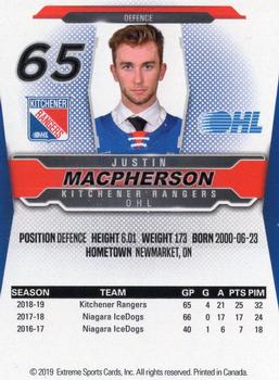 2019-20 Extreme Kitchener Rangers (OHL) #17 Justin MacPherson Back