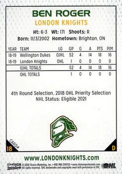 2019-20 Choice London Knights (OHL) #18 Ben Roger Back