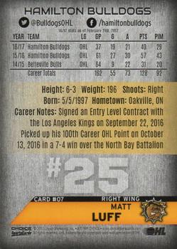 2016-17 Choice Hamilton Bulldogs (OHL) #7 Matt Luff Back