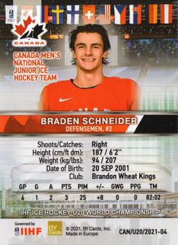2020 BY Cards Team Canada IIHF U20 World Championship (Unlicensed) #CAN/U20/2021-04 Braden Schneider Back