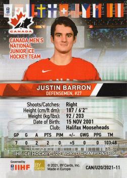 2020 BY Cards Team Canada IIHF U20 World Championship (Unlicensed) #CAN/U20/2021-11 Justin Barron Back