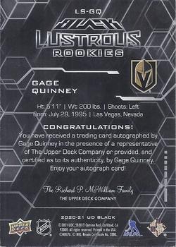 2020-21 SPx - Black Lustrous Rookies Signatures #LS-GQ Gage Quinney Back