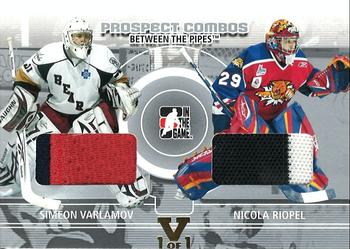 2015-16 In The Game Final Vault - 2008-09 In The Game Between The Pipes Prospect Combos (Gold Vault Stamp) #PC-07 Simeon Varlamov / Nicola Riopel Front