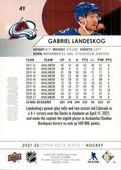 2021-22 Upper Deck #49 Gabriel Landeskog Back