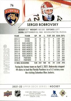 2021-22 Upper Deck #76 Sergei Bobrovsky Back
