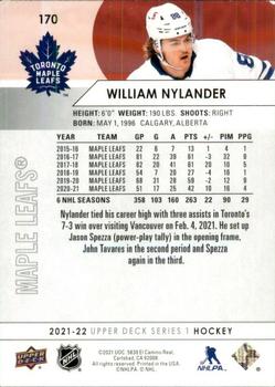 2021-22 Upper Deck #170 William Nylander Back