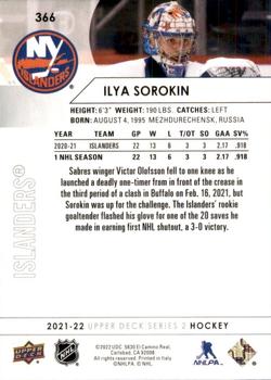 2021-22 Upper Deck #366 Ilya Sorokin Back