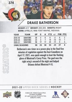 2021-22 Upper Deck #374 Drake Batherson Back