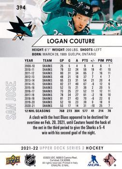 2021-22 Upper Deck #394 Logan Couture Back