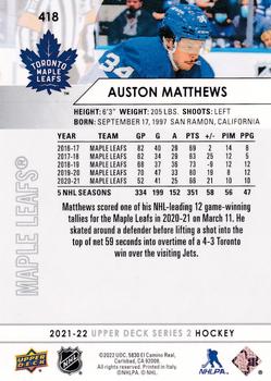 2021-22 Upper Deck #418 Auston Matthews Back