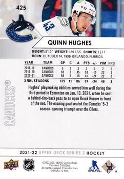 2021-22 Upper Deck #425 Quinn Hughes Back