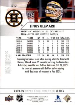 2021-22 Upper Deck #517 Linus Ullmark Back