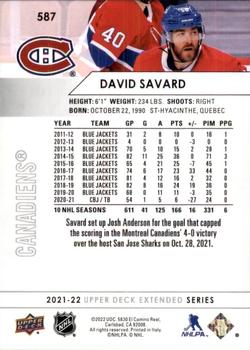 2021-22 Upper Deck #587 David Savard Back