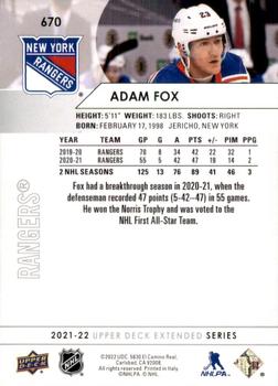 2021-22 Upper Deck #670 Adam Fox Back