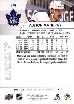2021-22 Upper Deck #674 Auston Matthews Back