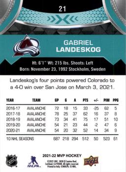 2021-22 Upper Deck MVP #21 Gabriel Landeskog Back