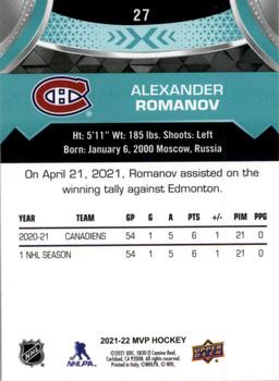 2021-22 Upper Deck MVP #27 Alexander Romanov Back