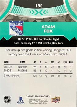2021-22 Upper Deck MVP #190 Adam Fox Back