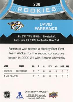 2021-22 Upper Deck MVP #230 David Farrance Back
