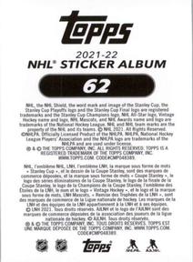 2021-22 Topps NHL Sticker Collection #62 Kevin Shattenkirk Back