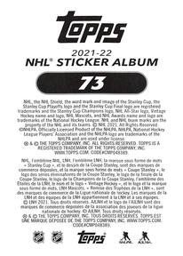 2021-22 Topps NHL Sticker Collection #73 Jay Beagle Back
