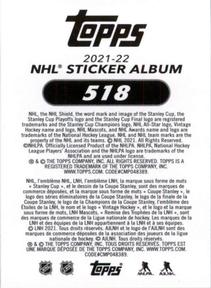 2021-22 Topps NHL Sticker Collection #518 Brock Boeser Back