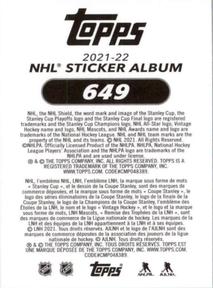 2021-22 Topps NHL Sticker Collection #649 Jordan Binnington Back