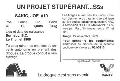 1989-90 Quebec Nordiques Vanier Police #NNO Joe Sakic Back