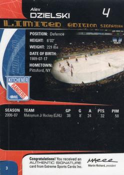 2007-08 Extreme Kitchener Rangers Autographs (OHL) #3 Alex Dzielski Back