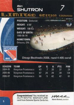 2007-08 Extreme Kitchener Rangers Autographs (OHL) #5 Ben Shutron Back