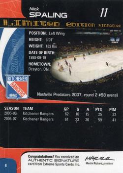 2007-08 Extreme Kitchener Rangers Autographs (OHL) #8 Nick Spaling Back
