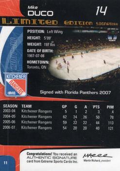 2007-08 Extreme Kitchener Rangers Autographs (OHL) #11 Mike Duco Back