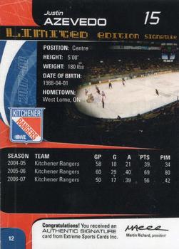 2007-08 Extreme Kitchener Rangers Autographs (OHL) #12 Justin Azevedo Back
