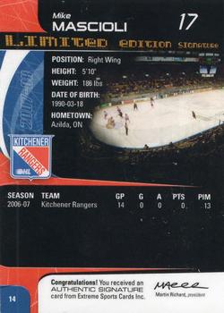 2007-08 Extreme Kitchener Rangers Autographs (OHL) #14 Mike Mascioli Back