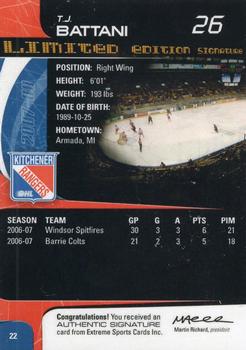 2007-08 Extreme Kitchener Rangers Autographs (OHL) #22 T.J. Battani Back