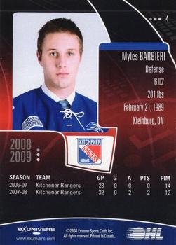 2008-09 Extreme Kitchener Rangers (OHL) Autographs #4 Myles Barbieri Back