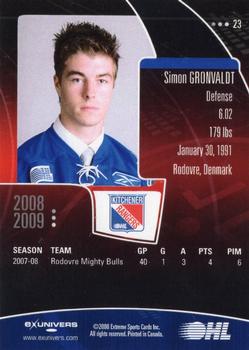 2008-09 Extreme Kitchener Rangers (OHL) Autographs #23 Simon Gronvaldt Back