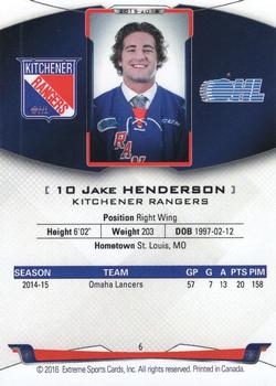 2015-16 Extreme Kitchener Rangers (OHL) - Autographs #6 Jake Henderson Back