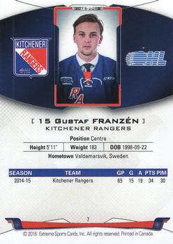 2015-16 Extreme Kitchener Rangers (OHL) - Autographs #7 Gustaf Franzen Back