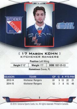 2015-16 Extreme Kitchener Rangers (OHL) - Autographs #8 Mason Kohn Back