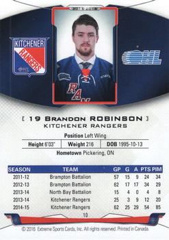 2015-16 Extreme Kitchener Rangers (OHL) - Autographs #10 Brandon Robinson Back