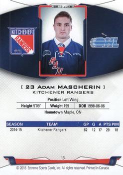 2015-16 Extreme Kitchener Rangers (OHL) - Autographs #13 Adam Mascherin Back