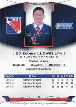 2015-16 Extreme Kitchener Rangers (OHL) - Autographs #14 Darby Llewellyn Back