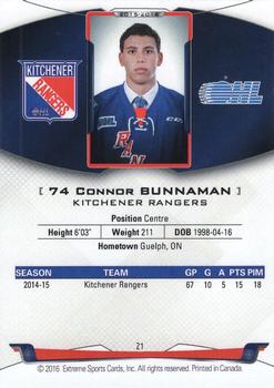 2015-16 Extreme Kitchener Rangers (OHL) - Autographs #21 Connor Bunnaman Back